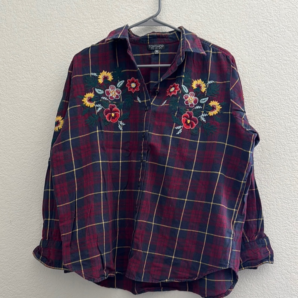 Topshop Floral Embroidered Plaid Shirt